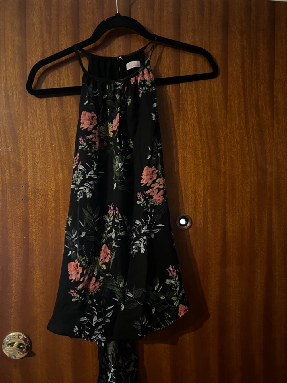 Parker Black Floral Halter Neck Blouse with Pink & Green Flowers